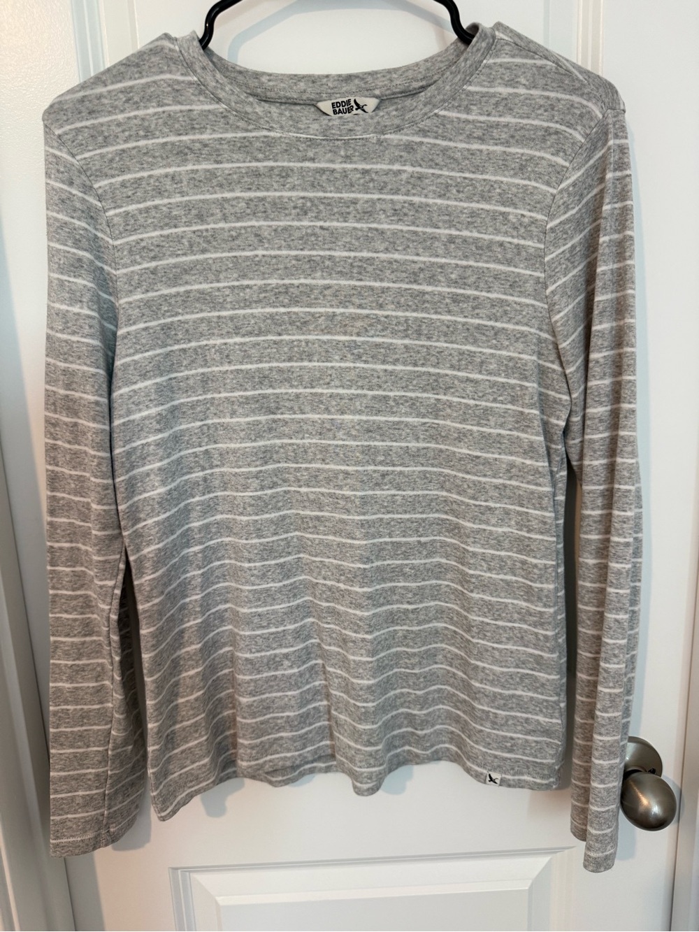 Eddie Bauer Gray and White Striped Long-Sleeve Tee- Women’s